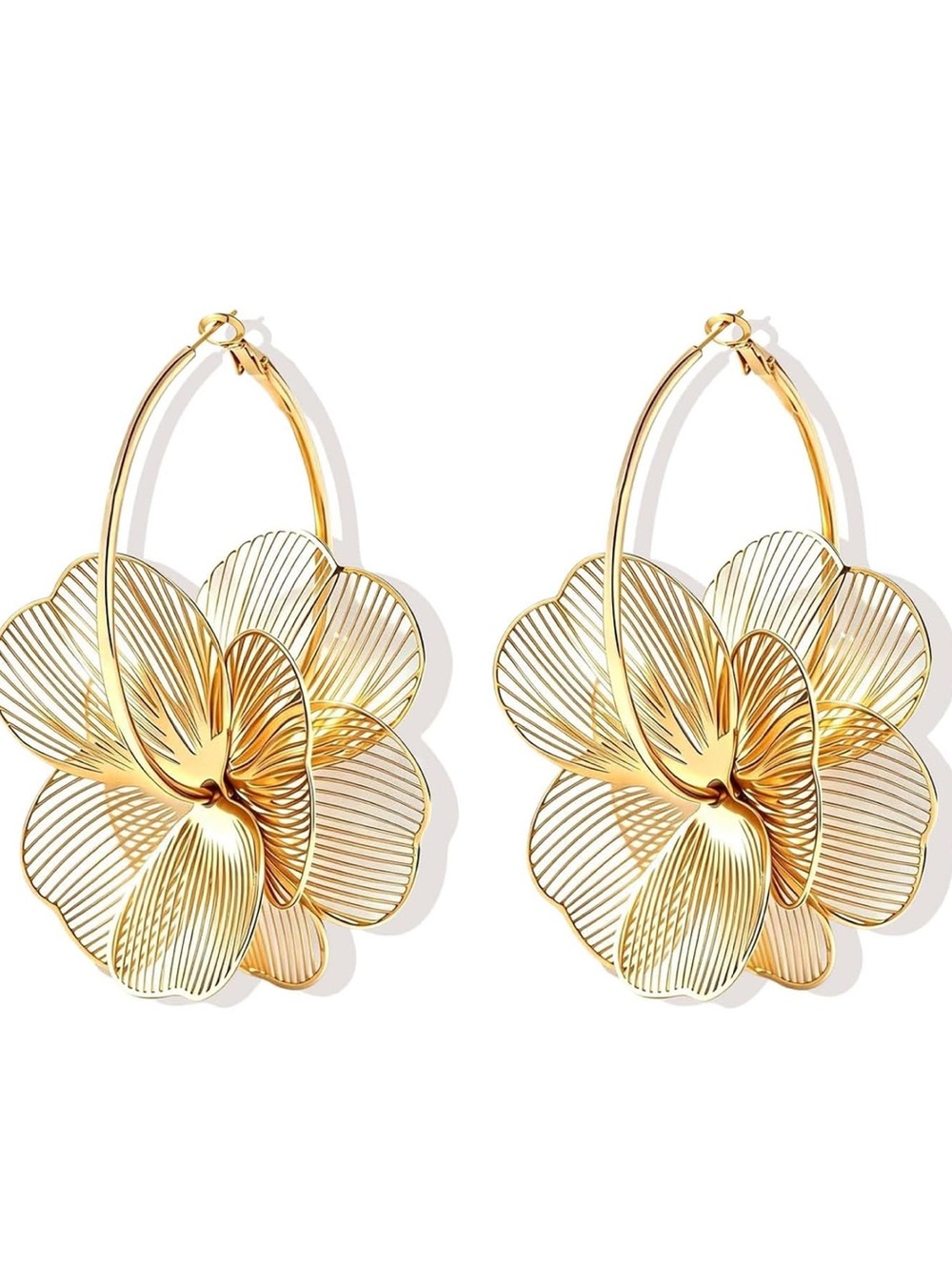 14K Gold Plated Flower Filigree Hoop Earrings - Picture 3 of 5